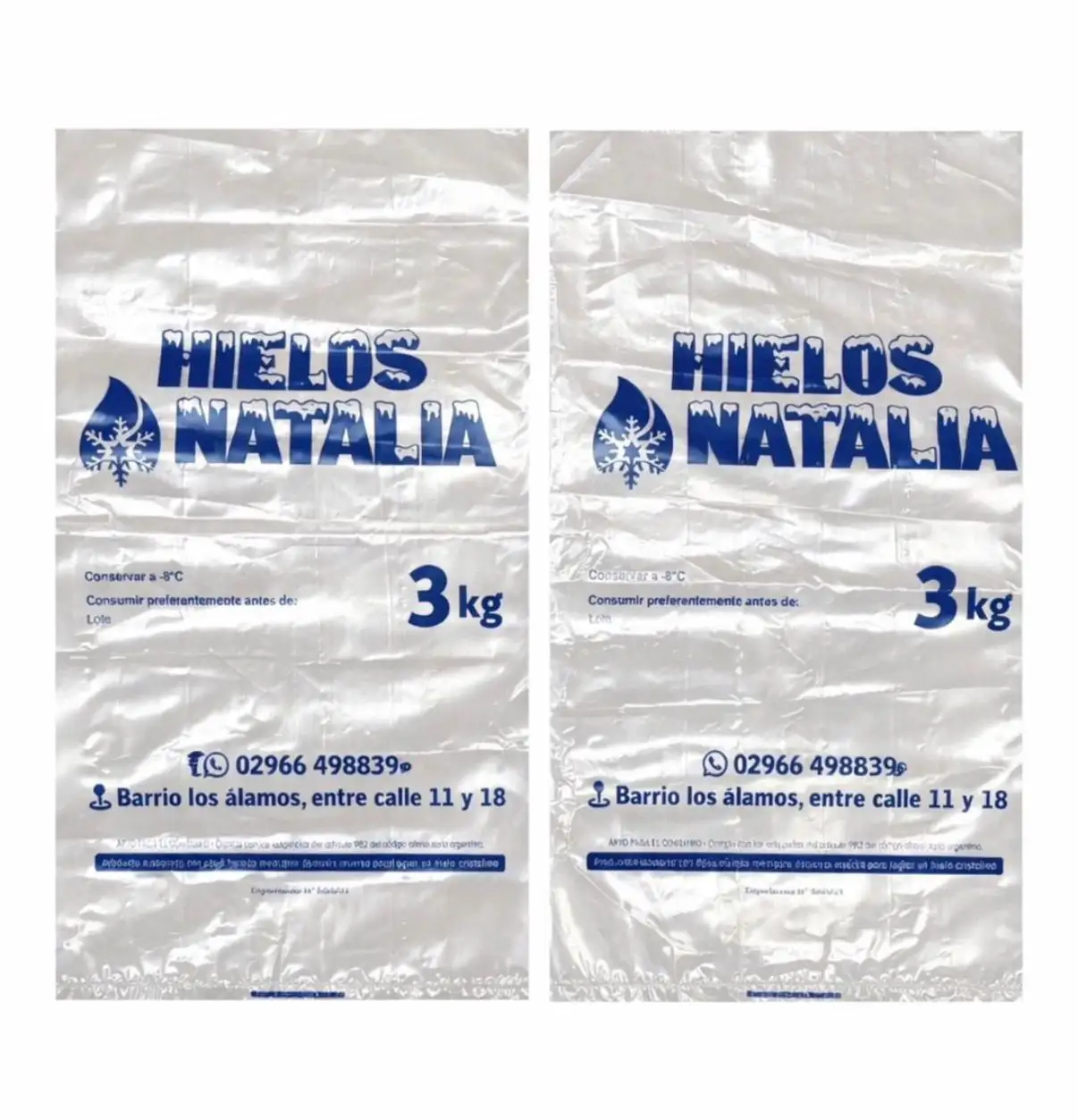 Bolsas para hielo personalizadas por mayor Hielos Natalia 3kg con logo impreso